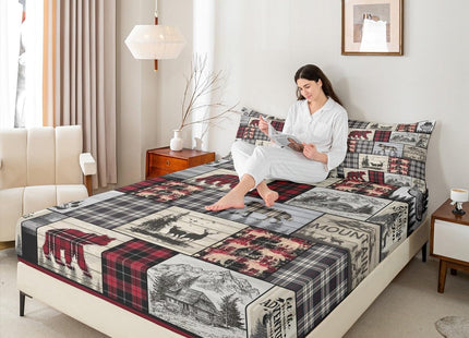 Rustic Cabin Bed Sheets Full Woodland Wolf Deer Bear Sheet Set For Kids Adults,Red Black Buffalo Plaid Bedding Wildlife Camping Lodge Mountain Fitted Sheet Southwestern Farmhouse Flat Sheet 4 Pcs