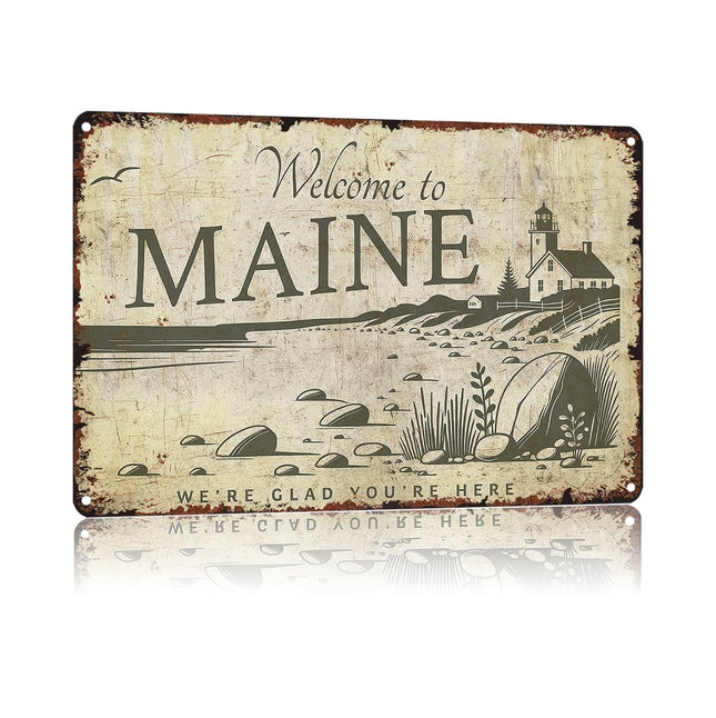 KERUNSM Welcome To Maine Welcome Sign, 12x8in Vintage Aluminum Metal Tin Sign, Retro Rusty Style Coastal Lighthouse Landscape Decor For Home Garage Bar Cafe Patio Man Cave Outdoor Wall Decoration