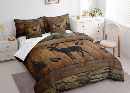 Manfei Rustic Deer Comforter Set 7 Pieces, Wild Animal Theme Bed Set for Boys Adults, Brown Wooden Plank Bedding Twin with 1 Comforter,1 Fitted Sheet,1 Flat Sheet,2 Pillowcases,2 Throw Pillow Cover