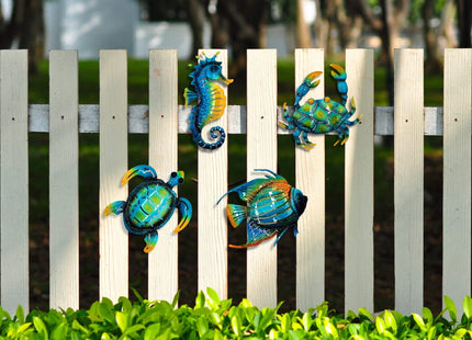 Meduofon Set of 4 Metal Outdoor Wall Art Decor, Blue Turtle Fish Crab and Seahorse Suitable for Beach Ocean Pool Decor, Metal Yard Fence Garden Children Room Bathroom Livingroom Wall Decoration