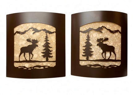 Rustic Moose with Pine Tree Wall Sconce Pair