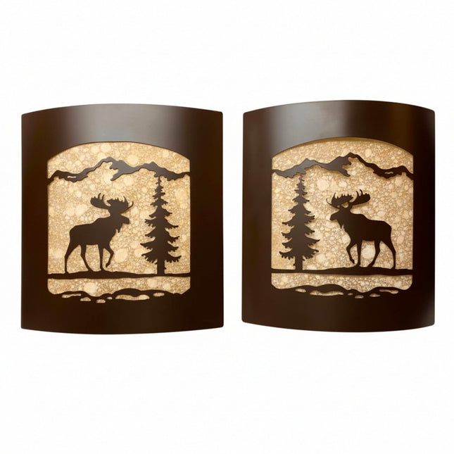 Rustic Moose with Pine Tree Wall Sconce Pair
