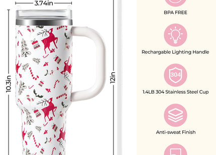 JoviaFesta 40oz Christmas Tumbler with Rechargeable LED Light-Up Handle - Stainless Steel Vacuum Insulated Cup with Lid & Straw - Ideal for Water, Iced Tea, Coffee - Christmas Gift (Reindeer)