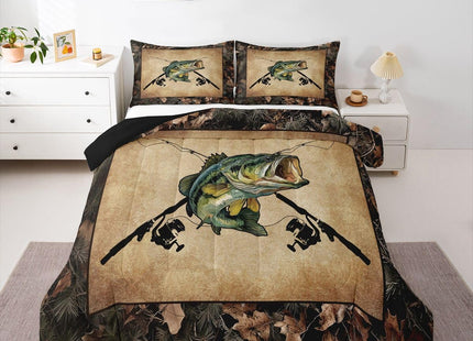 Erosebridal Camo Fishing Full Comforter Set Bass Fish Fishing Rod Bedding Set Rustic Pike Fish Comforter for Boys Adults Men,Fisherman Quilt Duvet