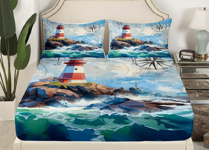 Ocean Wave Fitted Sheet Twin Size,Retro Lighthouse Compass Sailboat Nautical Bedding Set Kids Girls Boys Bedroom Decor,World Map Marine Bed Sheets,Mountain Rustic Nature Landscape Bed Cover