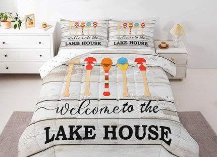 Castle Fairy Rustic Farmhouse Lake House Bed Comforter Set Queen Size,Retro White Wooden Stripes Super Soft Microfiber Bedding Set for Adults Teens,Happy Camping Boating Comforter Set,2 Pillowcases