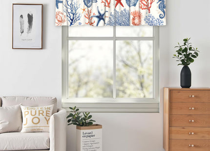 Coastal Kitchen Valance, Blue Ocean Coral Starfish Seashell Short Curtains for Windows, Nautical Sea Beach Summer Decoration Cafe Curtain, Thermal Insulated Room Darkening Short Curtain 54x18 Inch