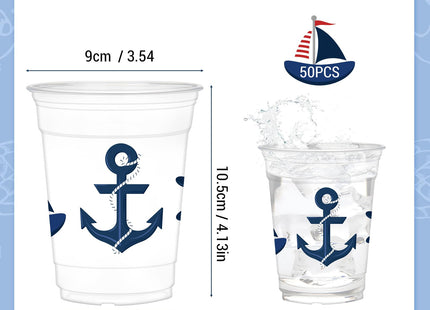 HYMENEX 50 Pcs Nautical Cups, 12 oz Nautical Plastic Party Cups for Home Kitchen Birthday Summer Ocean Party Favors Supplies Decoration
