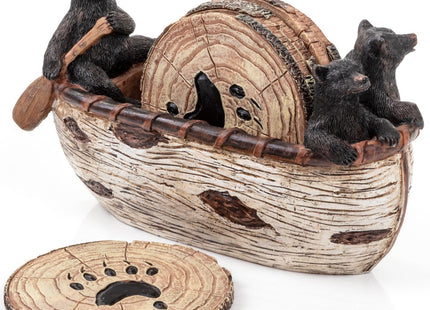 Cabin Obsession Bear Coasters - Set of 6 Full Size Rustic Coasters in Handmade Canoe with Adorable Black Bear Figurines - Log Cabin Decorations, Rustic Lodge Decor for The Home