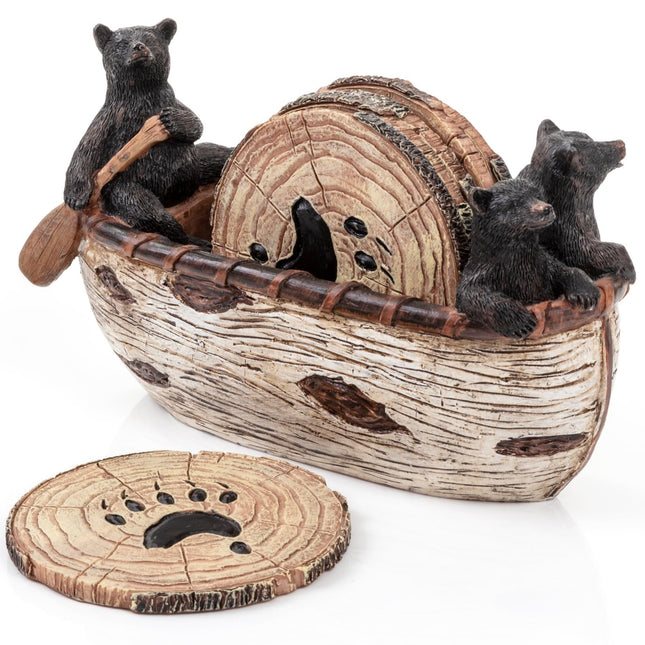 Cabin Obsession Bear Coasters - Set of 6 Full Size Rustic Coasters in Handmade Canoe with Adorable Black Bear Figurines - Log Cabin Decorations, Rustic Lodge Decor for The Home