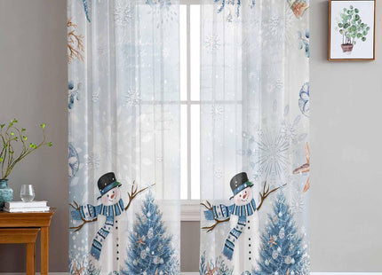 Hokiten Coastal Christmas Snowman Sheer Curtains 84 Inch Length 2 Panels Set, Blue Beach Xmas Tree Semi Sheer Curtain for Living Room, Xmas Starfish Voile Window Curtains Sheer Drapes for Bedroom