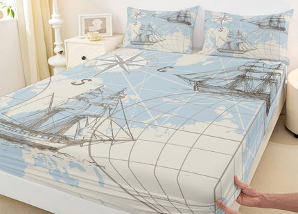 Erosebridal Nautical Fitted Sheet, World Map Bottom Sheet for Kids Boys Girls Teens, Sailing Boat Yacht Retro Compass Bedding Set Soft Mattress Twin