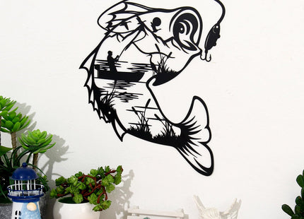 Bnesi Fishing Wall Decor, Black Metal Fish Wall Decor For Home Bathroom