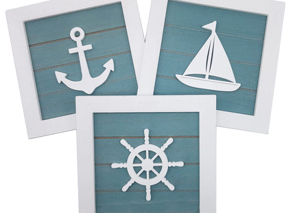 Nautical Theme Wall Decor Set of 3 7x7 in Rustic Beach Decor 3D Anchor Sailboat and Ship Wheel Wooden Beach Bathroom Decor Ocean Coastal Theme Decor for Lake House Home Room Nautical Gifts