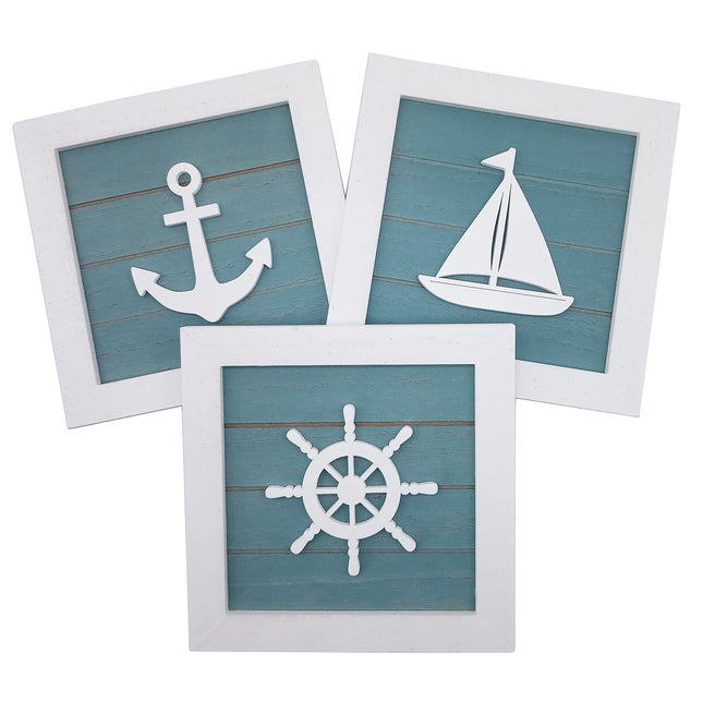 Nautical Theme Wall Decor Set of 3 7x7 in Rustic Beach Decor 3D Anchor Sailboat and Ship Wheel Wooden Beach Bathroom Decor Ocean Coastal Theme Decor for Lake House Home Room Nautical Gifts