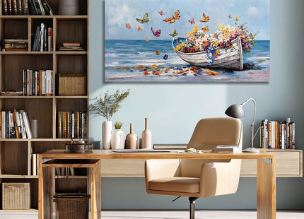 GAIDUOMAI Coastal Wall Art Butterfly and Flowers Pictures Wall Decor Wooden Boat Beach Wall Painting for Office Landscape Art for Dining Room Bedroom 24x48 Inch