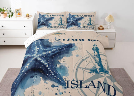 Feelyou Kids Starfish Beach Comforter Set Coastal Beach Ocean Bedding Set for Boys Teens Decor Teal Blue Comforter Ocean Marine Duvet Set Bedroom 3Pcs with 2 Pillow Case King Size