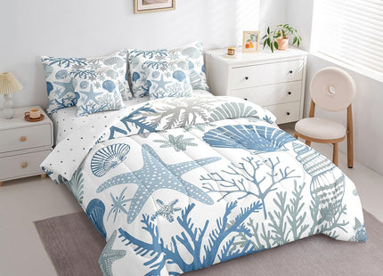 Erosebridal Nautical Coastal Bed in a Bag Queen Comforter Set 7 Piece,Blue Ocean Beach Bedding Set Seashell Starfish Sheet Sets with Comforter Conch Shell Coral Bed Set,Plain White Blue Room Decor