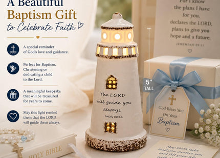 DAILYBREAD Christian Lighthouse Lamp – Small Ceramic Night Light with Bible Verse, Inspirational Faith Gift for Kids, Students,Baptism,Birthday,Journey,Warm Light Up Decor for Bed Room or Desk 5" H