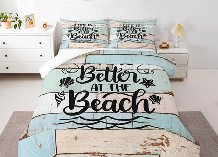 Summer Beach Comforter Set Twin Size,Starfish Shell Lake Life Bedding Set 2pcs for Kids Boys Girls Adults,Old Wooden Plank Rustic Cabin Down Comforter,Teal Beige Retro Duvet Insert,1 Pillowcase