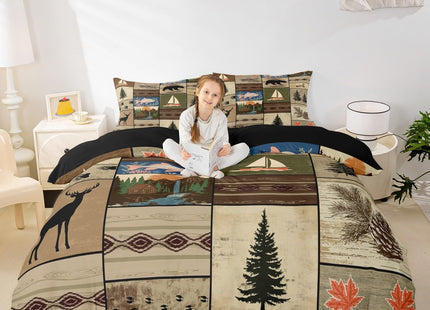 Erosebridal Retro Brown Cabin Duvet Cover,Patchwork Woodland Bear Deer Bedding Sets for Rustic Lodge,Farmhouse Wooden Wild Animal Comforter Cover for Boys Adults Men,Fish Duck Boat Bed Set Zipper