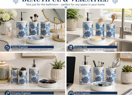 4-Piece Ceramic Bathroom Accessory Set, Blue Coastal Coral Design Soap Dispenser, Toothbrush Holder, Tumbler and Soap Dish, Ocean Sea Fan Bathroom Countertop Decor