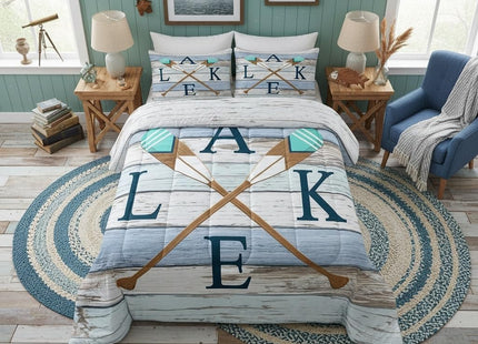 Castle Fairy Rowing Oar Comforter Set for Kids Room Decor Blue Brown Wooden Stripes Bedding Comforter Twin Size Lodge Cabin Rustic Style Soft Polyester Quilt Set with 1 Pillowcase