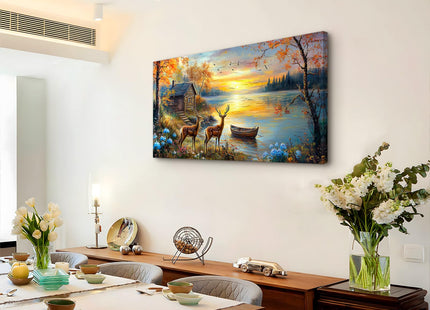 crmotu Nature Wall Art, Autumn Lake Cottage Deer Paintings 20X40 In