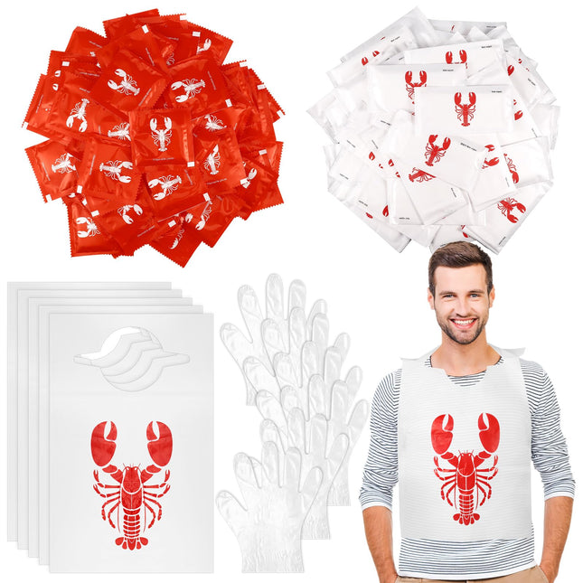 Umigy 200pcs Adult Lobster Crab Bib Wet Wipe Glove Set Seafood Party Supply