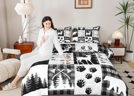 Erosebridal Rustic Patchwork King Comforter Set for Boys,Black White Grey Plaid Animal Kids Comforter Hunting Bear Deer Quilt Set for Teen Men,Country Farmhouse Lodge Wildlife Bed Set 2 Pillow Cases