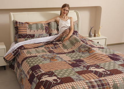 Smuge 3-Piece Moose Pine Tree Reversible Quilt Set, Checked Color Stripe Rustic Home Lodge The Wilds Quilted Bedspread Coverlet Bedding Set, Lightweight Breathable for All Season (Twin, White Deer)