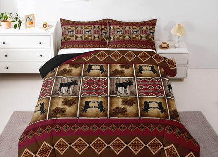 Erosebridal Wildlife Moose Comforter Sets Queen Rustic Cabin Lodge Bedding Sets Aztec Southwestern Native Tribal Comforter for Kids Adult Men Women,Hunting Woodland Animal Quilt Set Red Brown