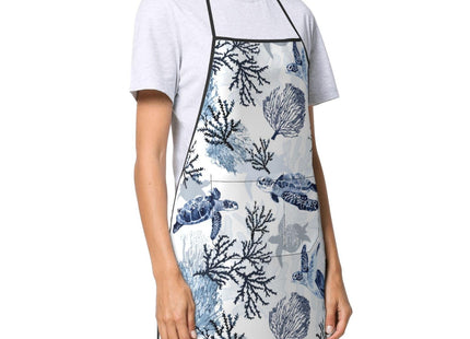 Nautical Blue Ocean Turtle Coral Bib Aprons, Unisex Polyester Coastal Beach Navy Blue Chef Cooking Apron with Pockets for Kitchen Baking BBQ, Ideal Gift for Sea Life Enthusiasts, Holiday Kitchen Decor
