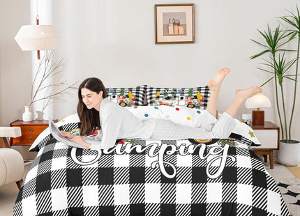 Erosebridal Camper Bedding Set Old Barn Door Duvet Cover Flowers Cabin Plaid Comforter Cover Rustic Farmhouse Style Bed Set Geometric Lattice Camping Decor,Black and White Twin Size
