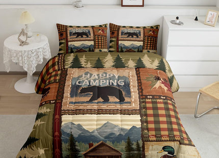 RV Camper Queen Comforter Set,Happy Camping Bedding Set for Teens Youth,Hunting Duck Bear Bedding Comforter Sets Rustic Plaid Woodland Adventure Duvet Insert with 2 Pillow Shams Bedroom Decor