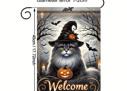 Starlit Patio Halloween Welcome Garden Flag Maine Coon Cat 12x18 Inch Double Sided Witch Pumpkin Outdoor Yard Flag, Spooky Farmhouse Porch Lawn Gothic Halloween Decorations for Cat Lovers
