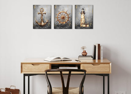 Canvbay Nautical Wall Art Decor Lighthouse Anchor Ship Wheel with Gold Foil Canvas Prints Grey Ocean Theme Painting Pictures Shell Poster Artwork for Home Bathroom Living Room 12x16inchx3pcs