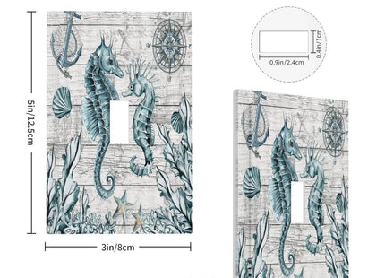 Seahorse Kelp Compass Anchor on Wooden Board 1 Gang Light Switch Covers Decorative Single Toggle Wall Plate Switchcover Electrical Switchplate for Country Bathroom Bedroom Decor