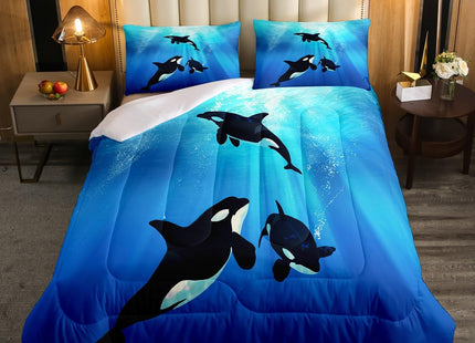 Ocean Themed Comforter Set Twin Size,Killer Whales Seal Duvet Insert Kids Child Teens,Sealife Underwater World Bedding Set Under Sea Marine Life Bed Quilt Nautical Sea Animal Bedroom Decor Blue
