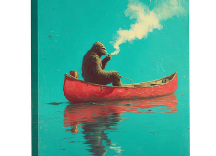 YJIKRTVT Funny Bigfoot Wall Art, Sasquatch in Red Canoe Painting, Whimsical Sasquatch Lake Canvas Print, Humorous Outdoor Adventure Wall Decor for Cabin Lake House 8x10 Inches