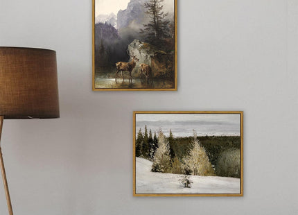KBKBART Framed Mountain Deer Canvas Wall Art, Nature Landscape Paintings