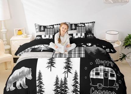 Woodland Bedding Set Hunting Bear Patchwork Buffalo Plaid Duvet Cover King Size,Rustic Cabin Barn Door Comforter Cover Boys Girls Camper Decor,Wildlife Paw Print Pine Trees Bed Sets Gray Black