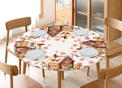 Christmas Round Fitted Tablecloth with Elastic for 36-40" Table Gingerbread