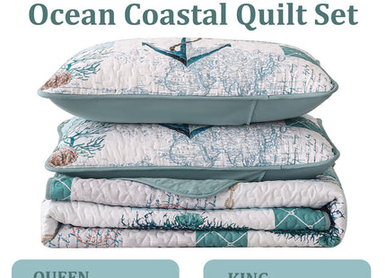 Beach Quilt Set Queen Size,3 Piece Coastal Ocean Summer Bedspread Coverlet Set with 2 Pillow Cases Lightweight Soft Microfiber Nautical Bedding Set Thin Quilted Blanket for All Seasons (96"x90")