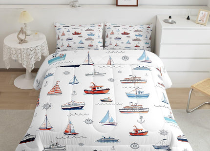 Nautical Bedding Set Queen Size,Coastal Beach Comforter Set with 2 Pillow Cases Sailboat Anchir Print Quilt for Kids Teens Boys Men Bedroom Decor,Navy Blue Red White Soft Microfiber Duvet Insert 3Pcs