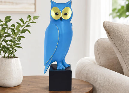 Lodkksg Blue Resin Owl Statue – Mid-Century Modern Owl Sculpture – Retro Owl Art Piece – Freestanding Modern Abstract Home Decor for Living Room, Bookshelf, and Mantel – 15.7-Inch Resin Owl Sculpture