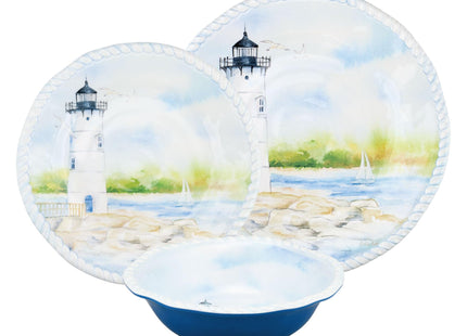 UPware 12 Piece Coastal Lighthouse Melamine Dinnerware Sets, Outdoor Dishes Set, Plates and Bowls Sets, Service for 4, Blue