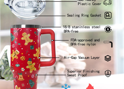 Ceovfoi 40 Oz Gingerbread Tumbler With Handle, Gingerbread Coffee Travel Mug Cup, Christmas Decor, Christmas Gifts for Women