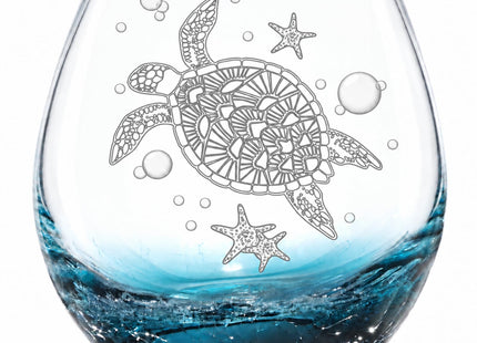 Sea Turtle Stemless Wine Glass Hand-Blown Coastal Crackle Teal Base 19oz