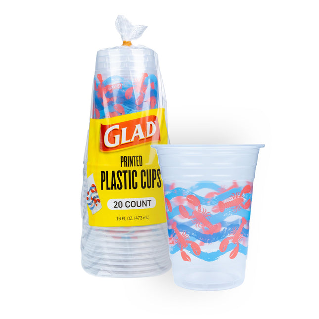 Glad Everyday Clear Plastic Cups, Lobster Waves, 16 Oz, 20 Count